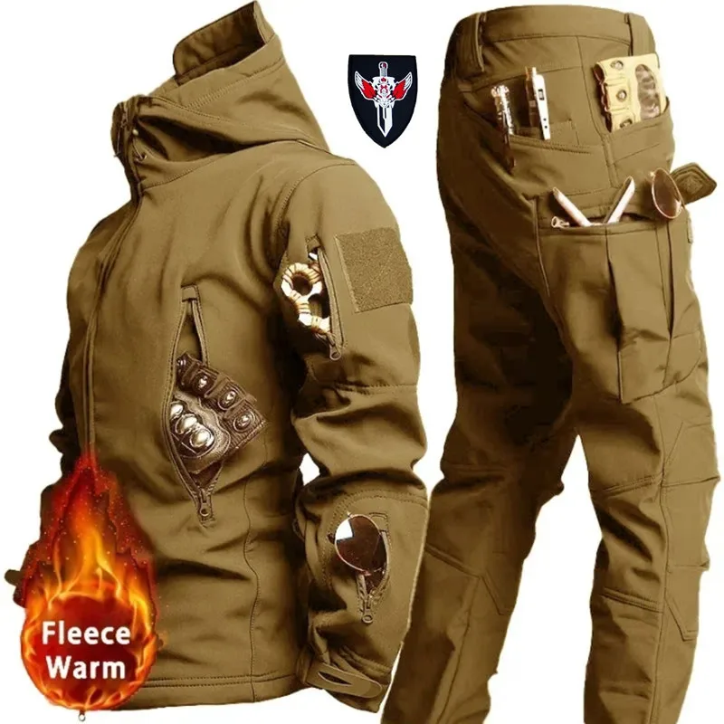 Tactical Winter Set Men's Outdoor Windproof Waterproof Suit Multi-Pocket Soft Shell Hooded Jackets Sharkskin Work Pants Tactical Winter Set Men's Outdoor Windproof Waterproof Suit Multi-Pocket Soft Shell Hooded Jackets Sharkskin Work Pants