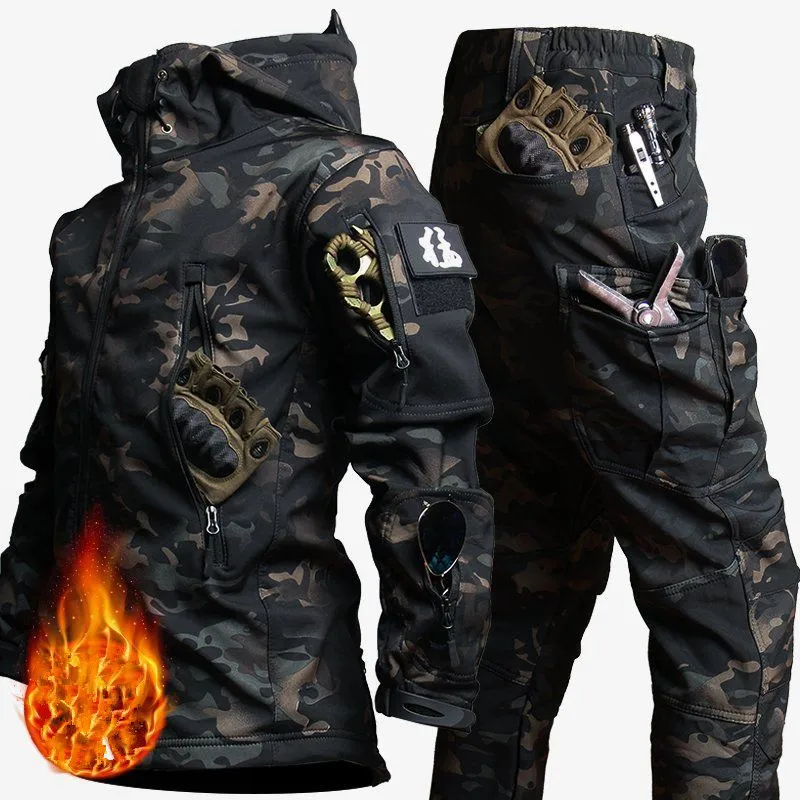 Tactical Winter Set Men's Outdoor Windproof Waterproof Suit Multi-Pocket Soft Shell Hooded Jackets Sharkskin Work Pants Tactical Winter Set Men's Outdoor Windproof Waterproof Suit Multi-Pocket Soft Shell Hooded Jackets Sharkskin Work Pants