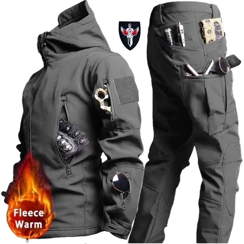 Tactical Winter Set Men's Outdoor Windproof Waterproof Suit Multi-Pocket Soft Shell Hooded Jackets Sharkskin Work Pants Tactical Winter Set Men's Outdoor Windproof Waterproof Suit Multi-Pocket Soft Shell Hooded Jackets Sharkskin Work Pants