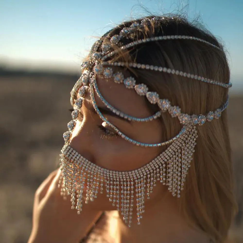 Tassel Veil Masks Women Headwear Rhinestone Chains Face Mask Masquerade Dance Party Costume Sexy Face Accessories