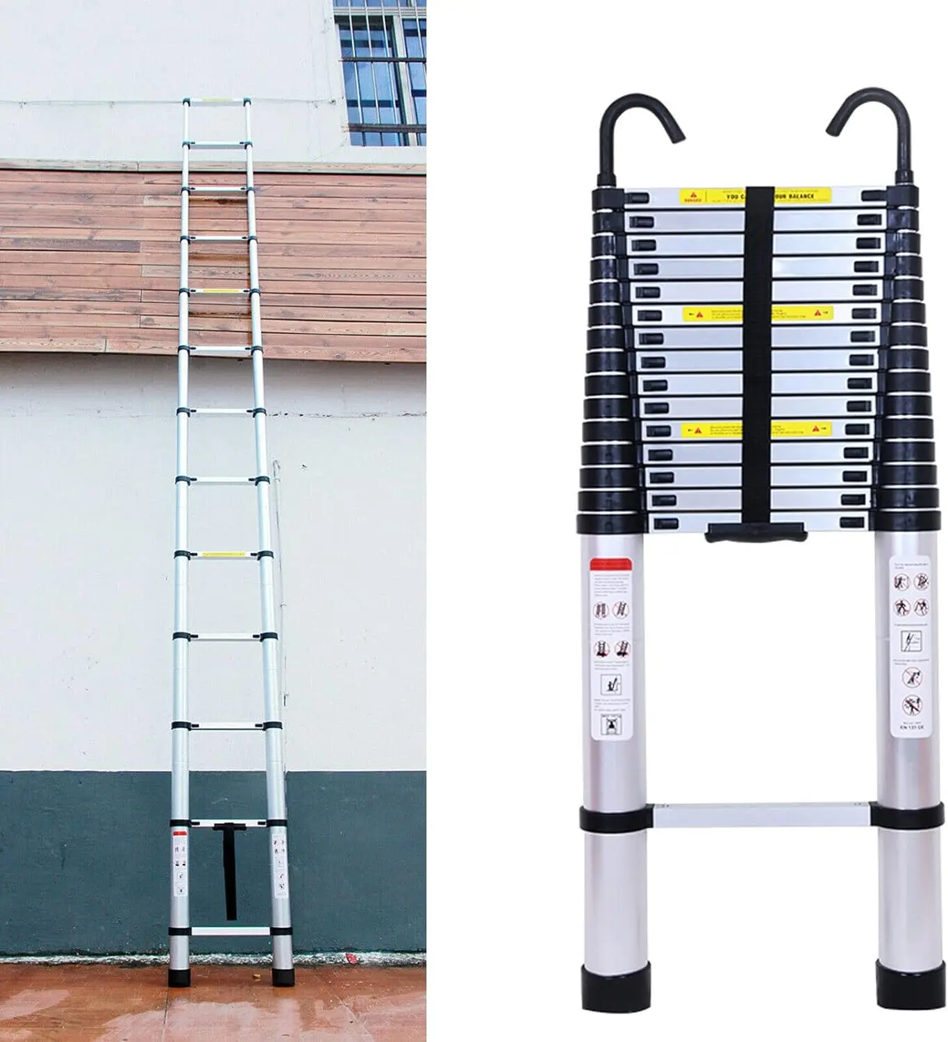 Telescopic Ladder 6.2M/20.3FT W/Detachable Hooks&Extendable Steps,Folding Tall Loft Collapsible Ladder with Non-Slip Telescopic Ladder 6.2M/20.3FT W/Detachable Hooks&Extendable Steps,Folding Tall Loft Collapsible Ladder with Non-Slip