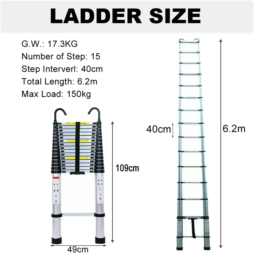 Telescopic Ladder 6.2M/20.3FT W/Detachable Hooks&Extendable Steps,Folding Tall Loft Collapsible Ladder with Non-Slip Telescopic Ladder 6.2M/20.3FT W/Detachable Hooks&Extendable Steps,Folding Tall Loft Collapsible Ladder with Non-Slip