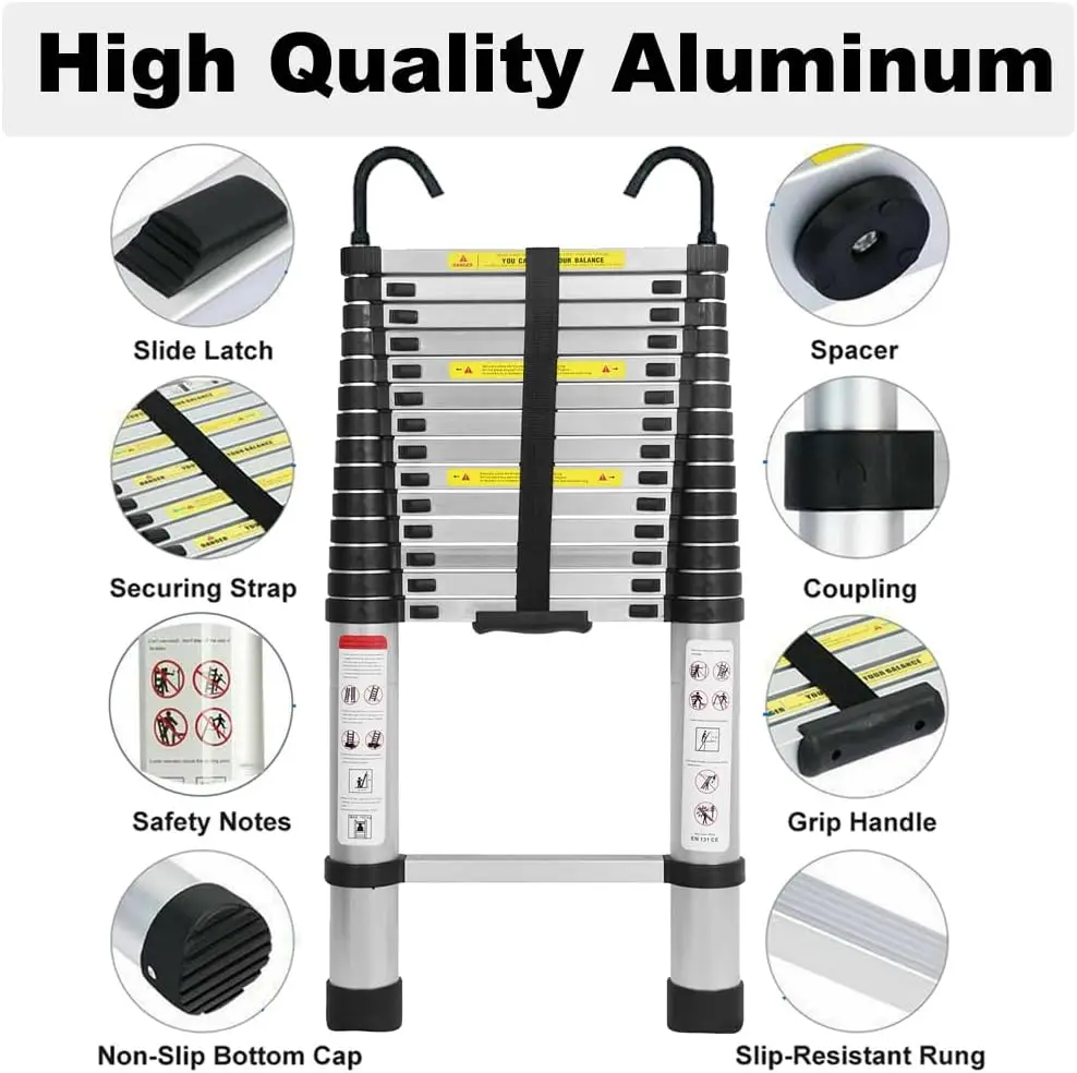 Telescopic Ladder 6.2M/20.3FT W/Detachable Hooks&Extendable Steps,Folding Tall Loft Collapsible Ladder with Non-Slip Telescopic Ladder 6.2M/20.3FT W/Detachable Hooks&Extendable Steps,Folding Tall Loft Collapsible Ladder with Non-Slip