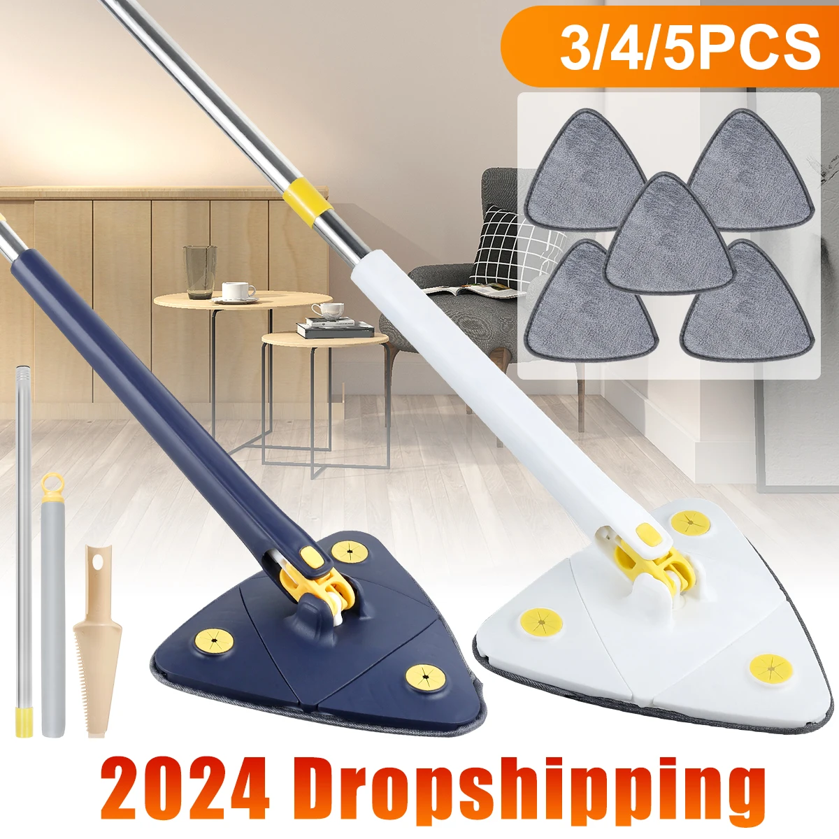 Telescopic Triangle Mop 360° Rotatable Spin Cleaning Mop Adjustable Squeeze Wet and Dry Ceiling Cleaning Home Window