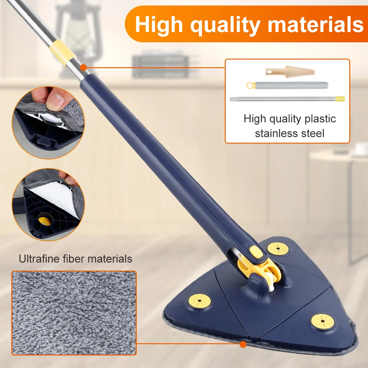 Telescopic Triangle Mop 360° Rotatable Spin Cleaning Mop Adjustable Squeeze Wet and Dry Ceiling Cleaning Home Window