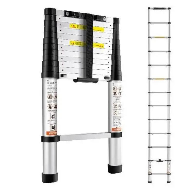 Telescoping Ladder 10.5 or 12.5 FT Aluminum One-Button Retraction Collapsible Extension 375 LBS Capacity w/Non-Slip for