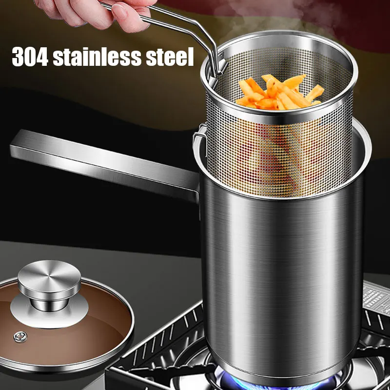 Thickeded Deep Fryer Pot with Basket and Lid Large Stainless Steel Deep Fryer Pasta Strainer Basket Chicken Fried Food