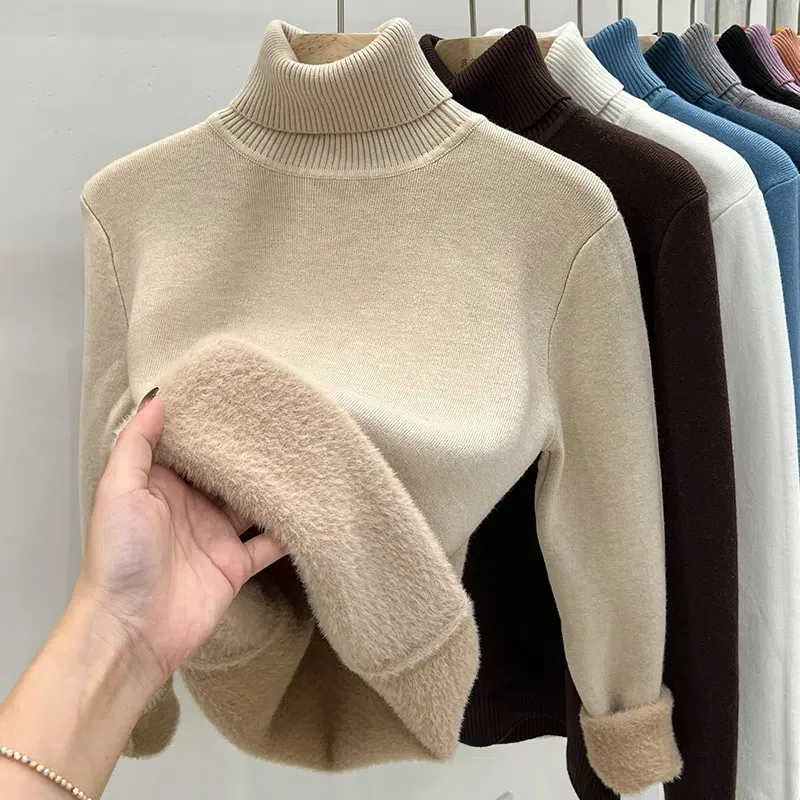 Thicken Velvet Turtleneck Sweater Women Korean Fashion Lined Warm Sueter Knitted Pullover Slim Top Winter Jersey