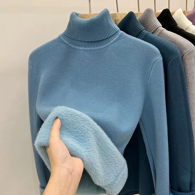 Thicken Velvet Turtleneck Sweater Women Korean Fashion Lined Warm Sueter Knitted Pullover Slim Top Winter Jersey