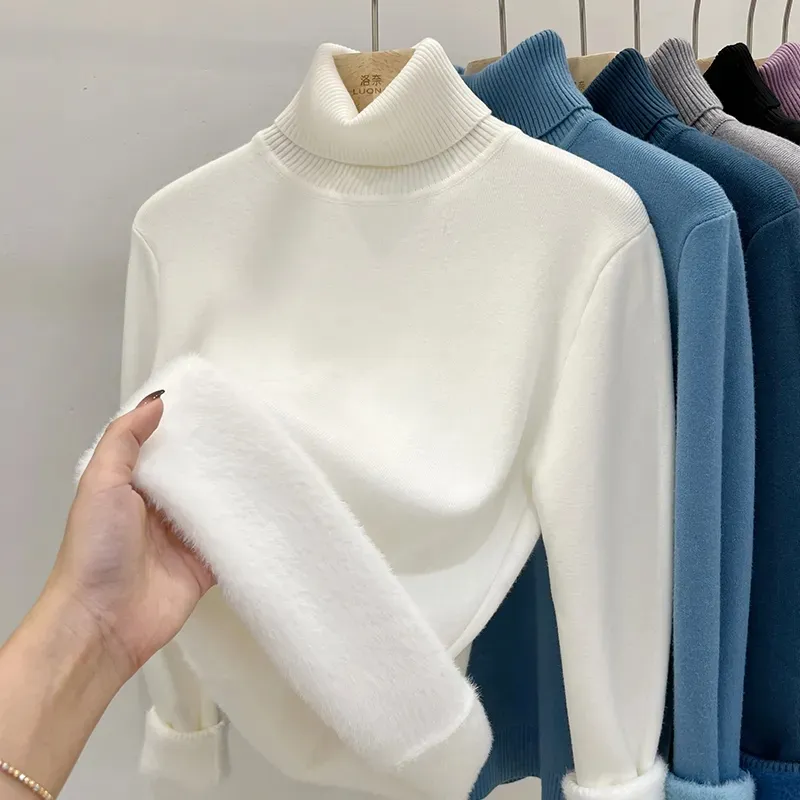 Thicken Velvet Turtleneck Sweater Women Korean Fashion Lined Warm Sueter Knitted Pullover Slim Top Winter Jersey