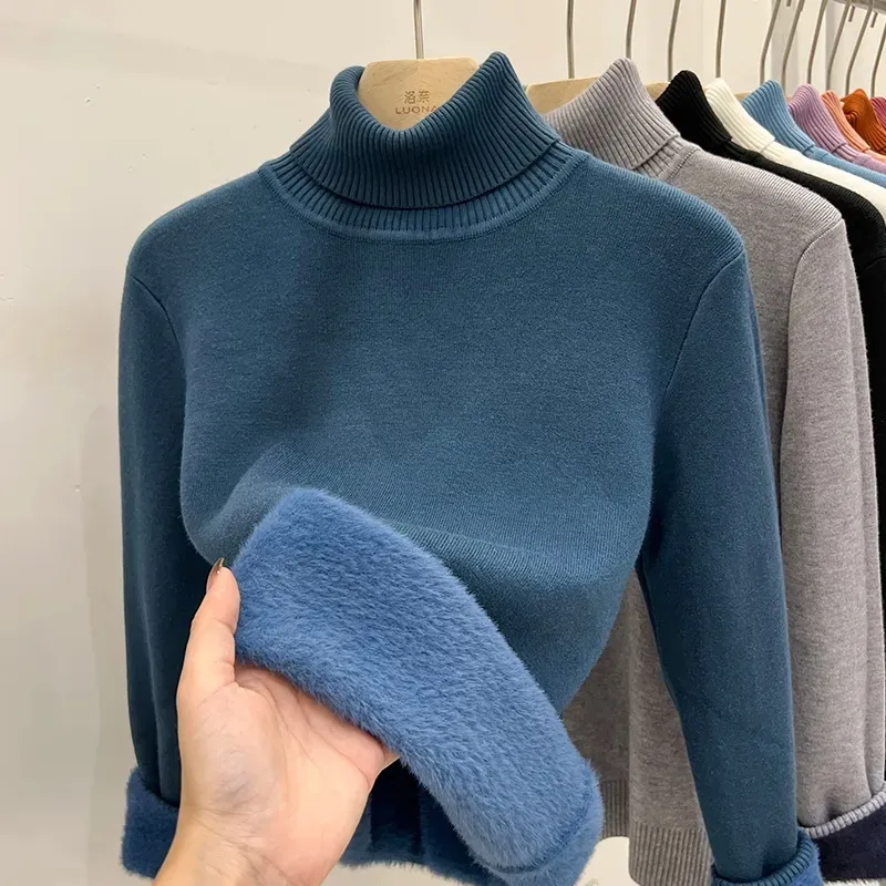 Thicken Velvet Turtleneck Sweater Women Korean Fashion Lined Warm Sueter Knitted Pullover Slim Top Winter Jersey