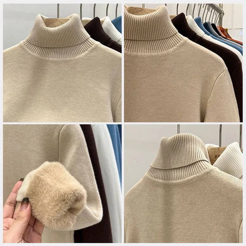 Thicken Velvet Turtleneck Sweater Women Korean Fashion Lined Warm Sueter Knitted Pullover Slim Top Winter Jersey