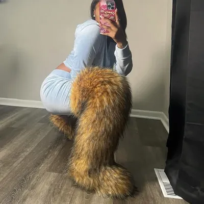 Thigh High Fluffy Boots Ladies Women Winter Furry Faux Fox Fur Long Warm Shoes girls New Designer Plush Knee High Fur