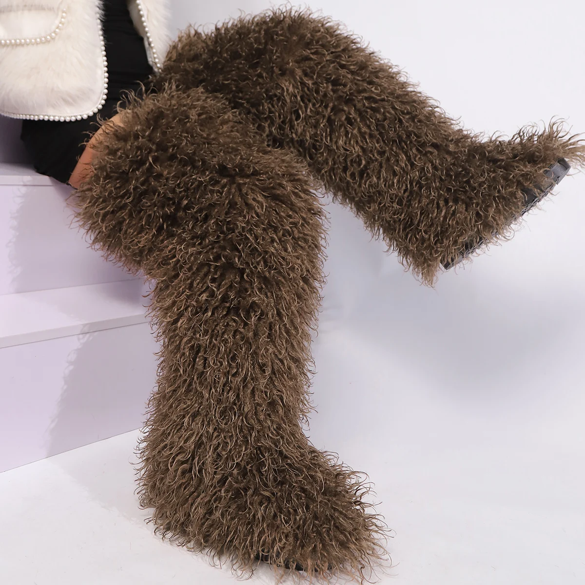 Thigh High Fluffy Boots Ladies Women Winter Furry Faux Fox Fur Long Warm Shoes girls New Designer Plush Knee High Fur