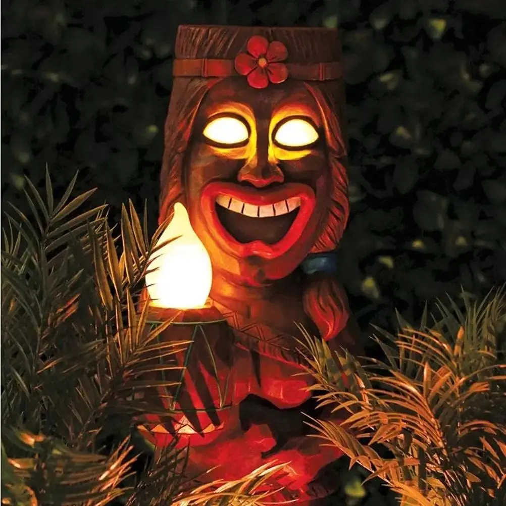 Tiki Totem Decor for Hawaiian Party, Solar Tiki Lights Outdoor Statues Backyard,Tropical Decor, Garden Statues for