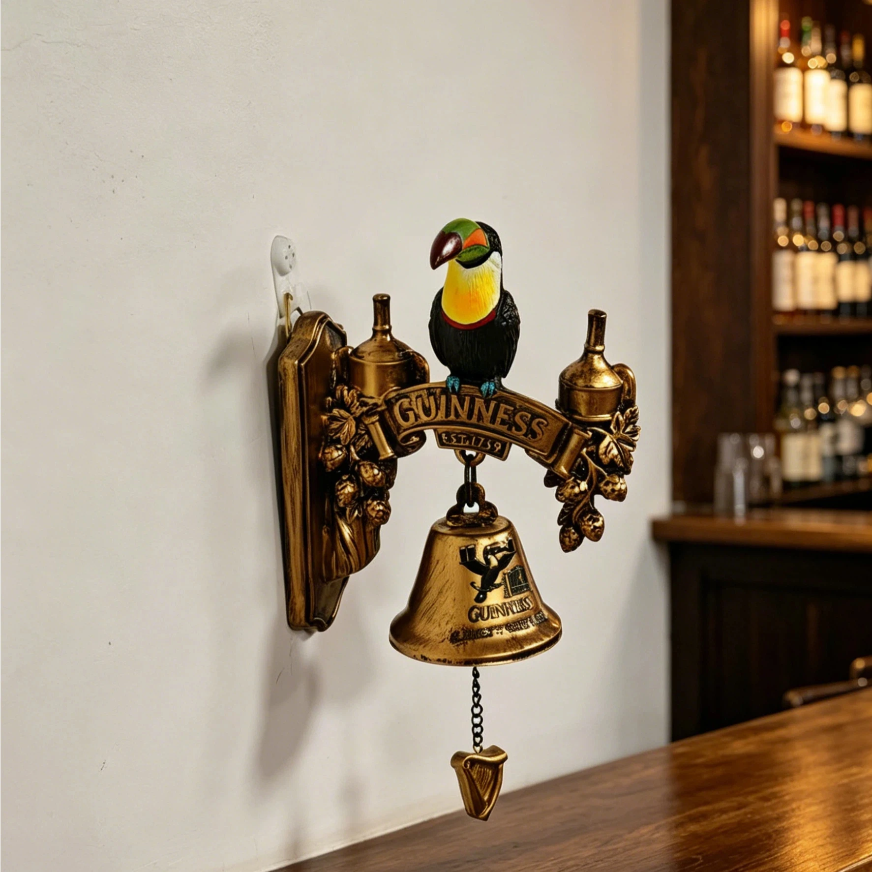 Toucan Guinness Wall-Mounted Bell Resin Statue, Antique-Style 3D Wall Decoration, Home Bar Entrance Soft Decor Piece