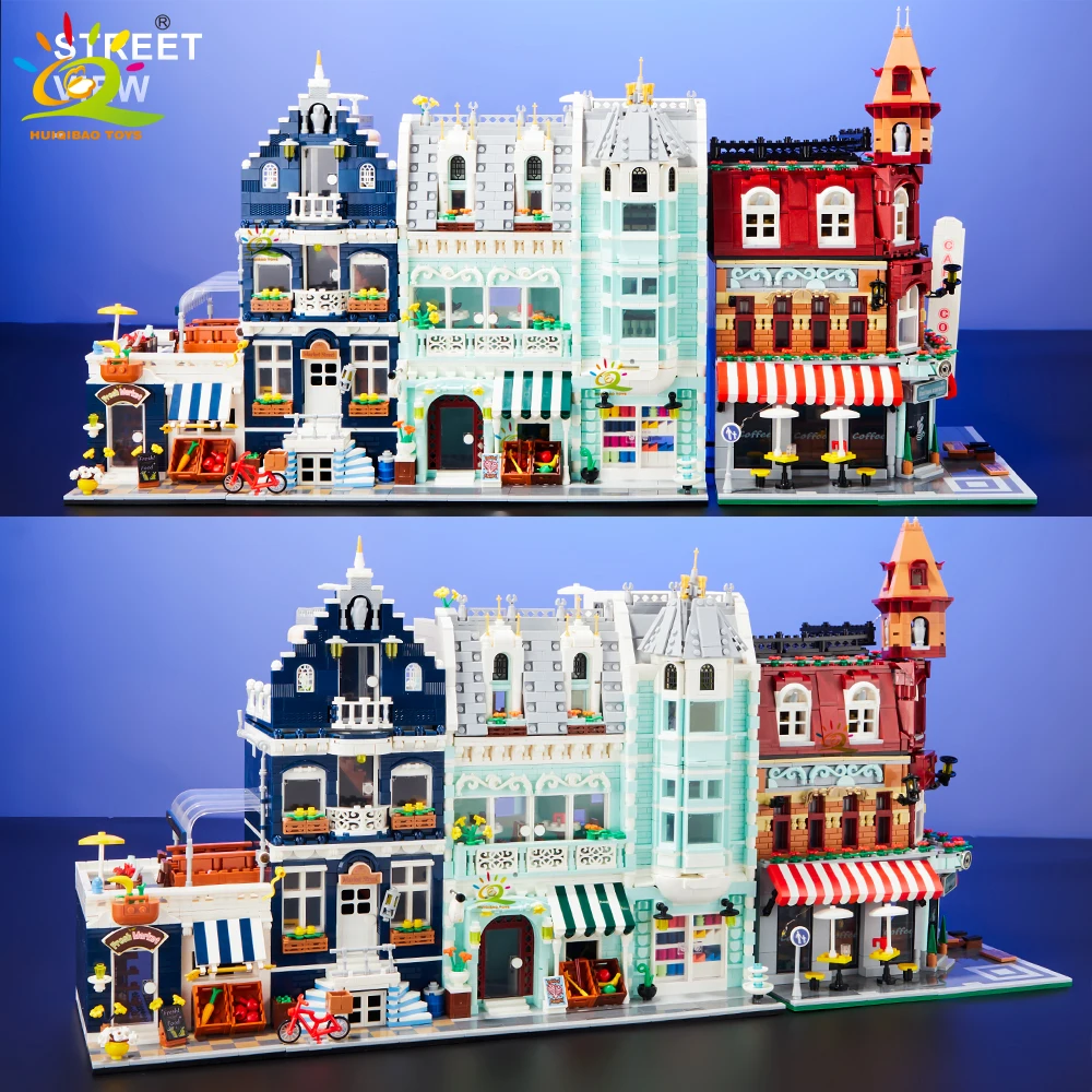 Toys MOC City Corner Coffee Shop Architecture Style Street View Micro Building Blocks for Children Construction Bricks