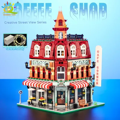 Toys MOC City Corner Coffee Shop Architecture Style Street View Micro Building Blocks for Children Construction Bricks