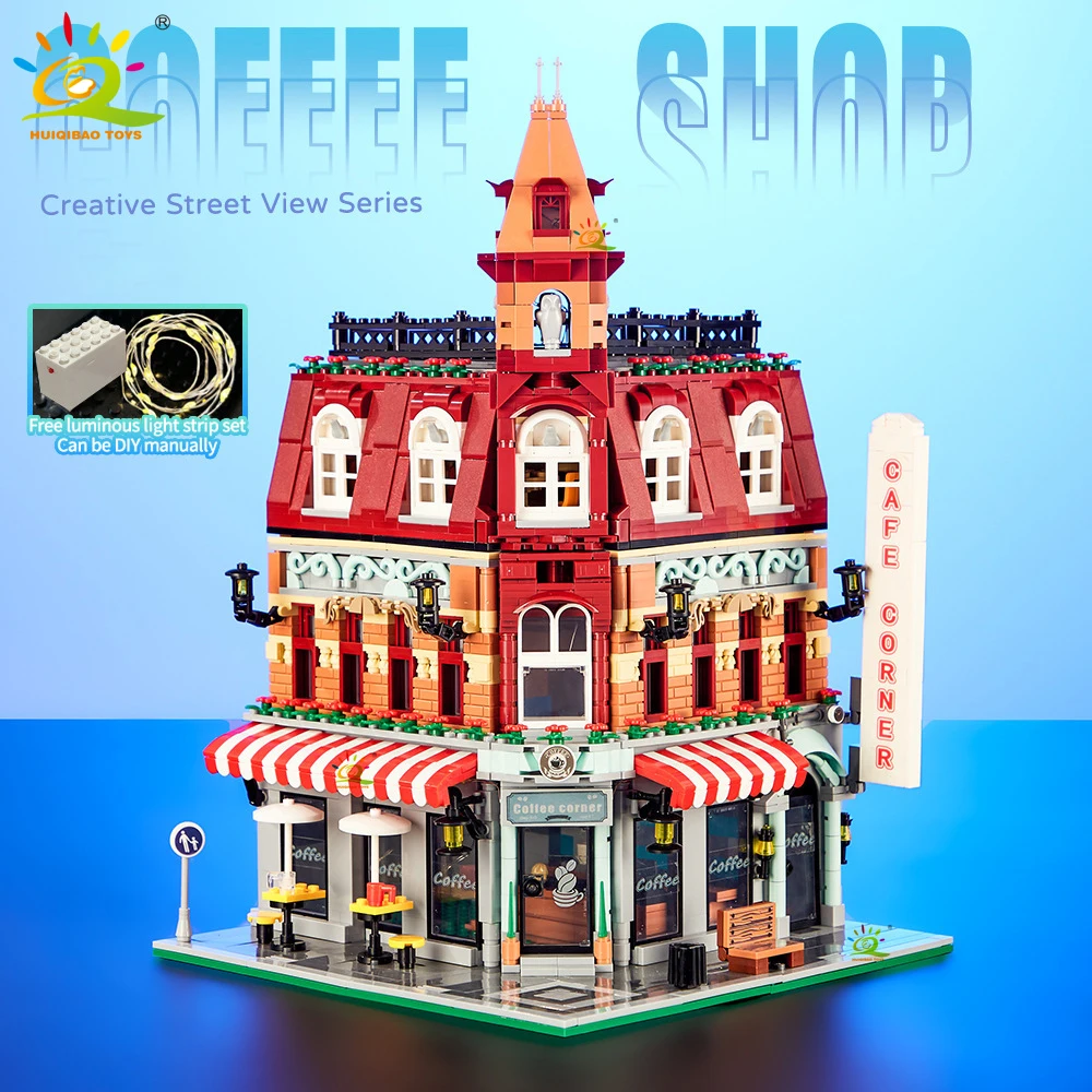 Toys MOC City Corner Coffee Shop Architecture Style Street View Micro Building Blocks for Children Construction Bricks