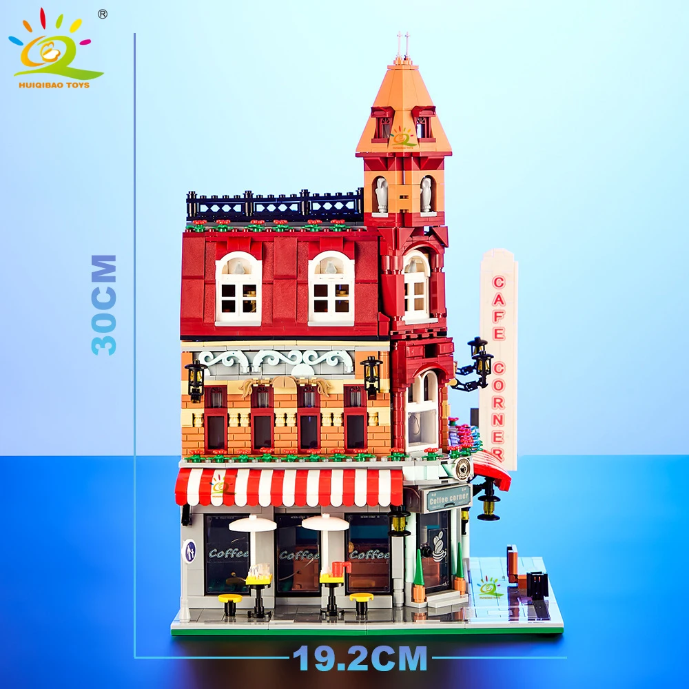 Toys MOC City Corner Coffee Shop Architecture Style Street View Micro Building Blocks for Children Construction Bricks
