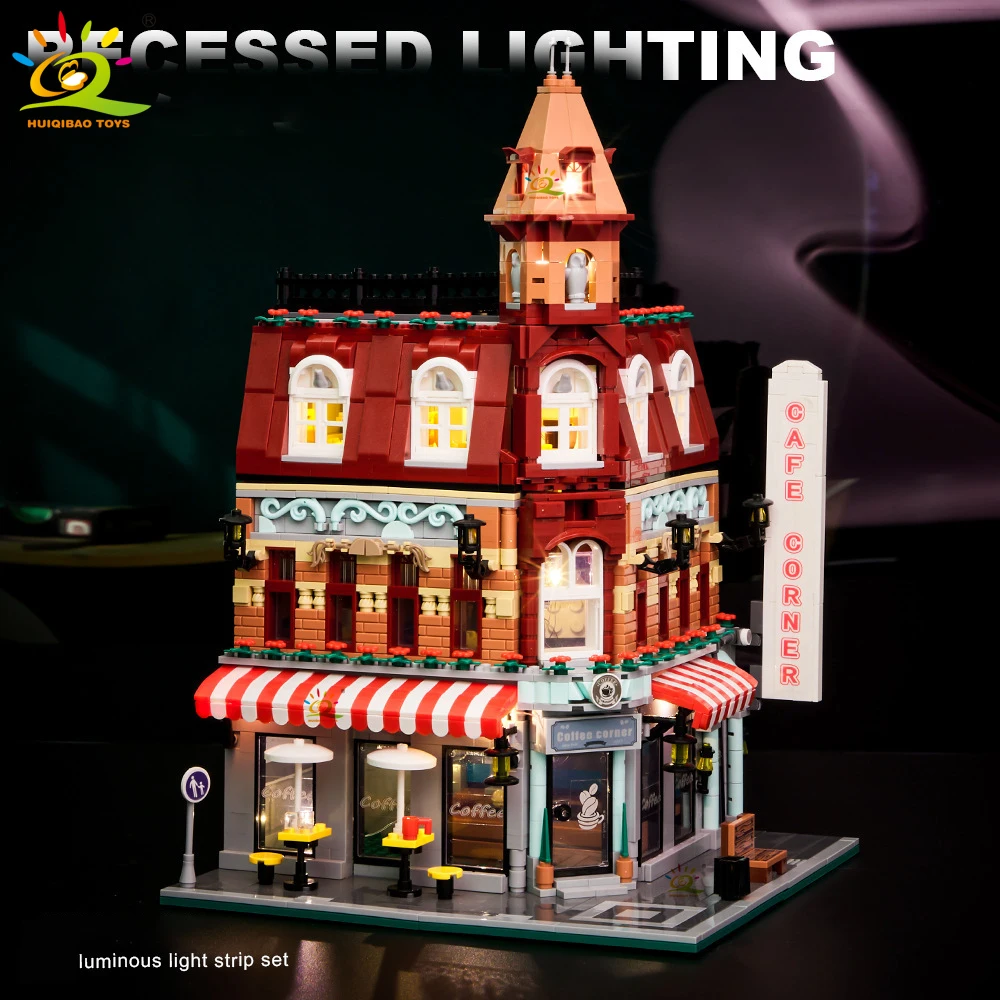 Toys MOC City Corner Coffee Shop Architecture Style Street View Micro Building Blocks for Children Construction Bricks