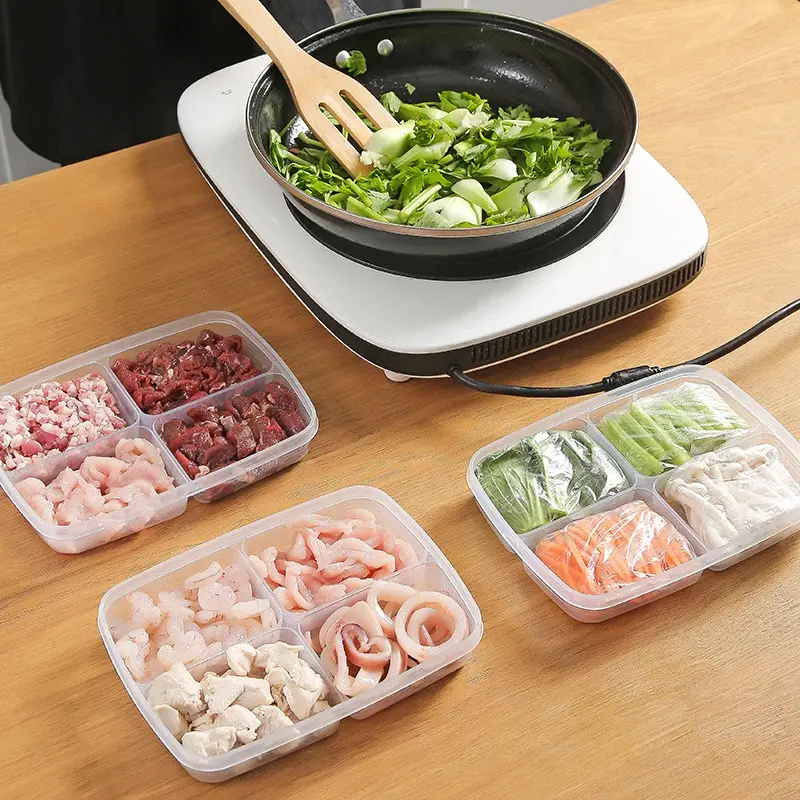 Transparent Four Grid Refrigerator Large Capacity Storage Box Frozen Meat Compartment Food Sub-packed Kitchen Tools