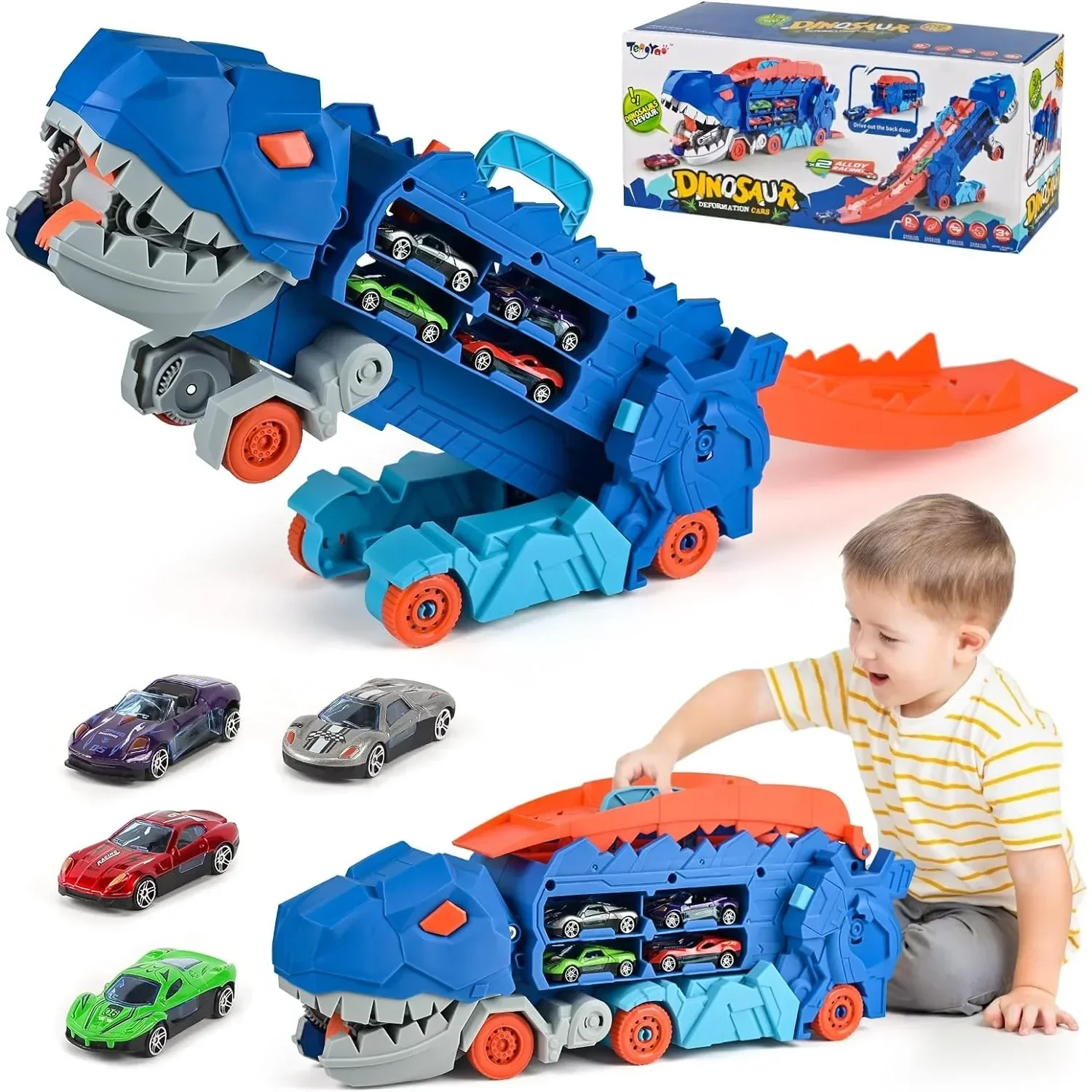 Transport Dinosaur Truck with Foldable Sliding Race Track Transforms into Standing T-rex Best Birthday Gifts Toys Boys