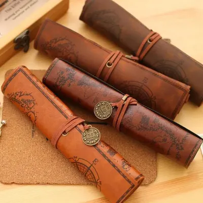 Treasure Map Leather PU Retro Boy Girl Pencil Bag Cosmetic Bag Roll Pen Bag For Student Gifts Stationery Brush Makeup