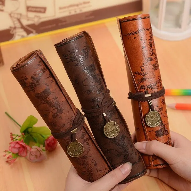 Treasure Map Leather PU Retro Boy Girl Pencil Bag Cosmetic Bag Roll Pen Bag For Student Gifts Stationery Brush Makeup