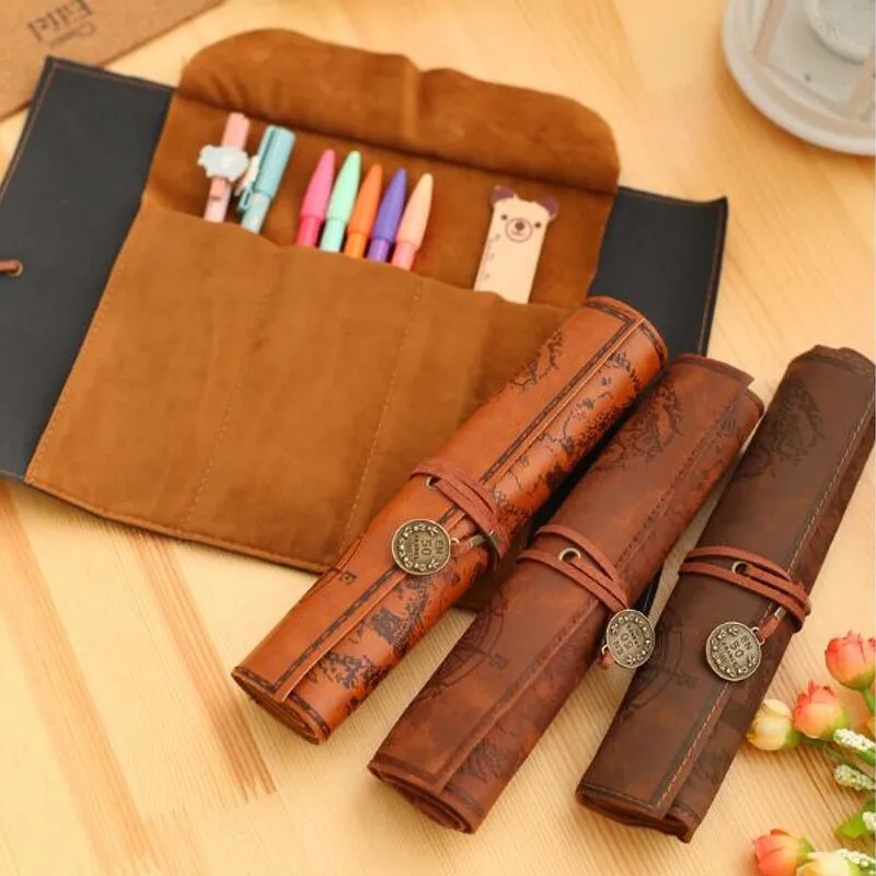 Treasure Map Leather PU Retro Boy Girl Pencil Bag Cosmetic Bag Roll Pen Bag For Student Gifts Stationery Brush Makeup