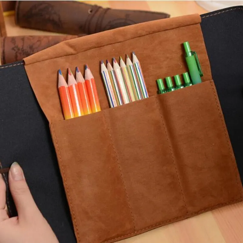Treasure Map Leather PU Retro Boy Girl Pencil Bag Cosmetic Bag Roll Pen Bag For Student Gifts Stationery Brush Makeup