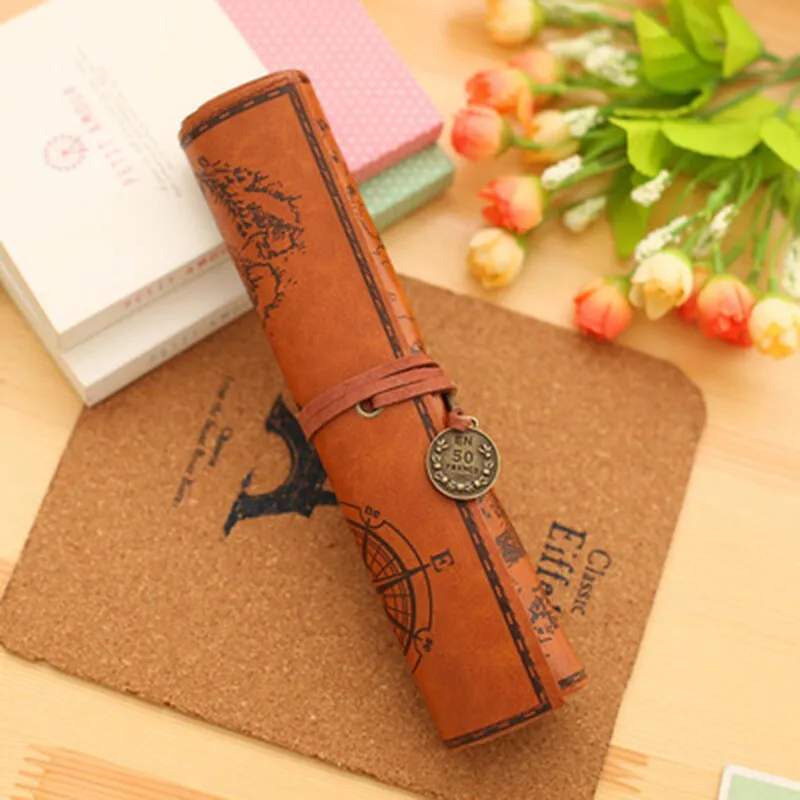 Treasure Map Leather PU Retro Boy Girl Pencil Bag Cosmetic Bag Roll Pen Bag For Student Gifts Stationery Brush Makeup