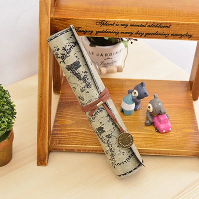 Treasure Map Leather PU Retro Boy Girl Pencil Bag Cosmetic Bag Roll Pen Bag For Student Gifts Stationery Brush Makeup