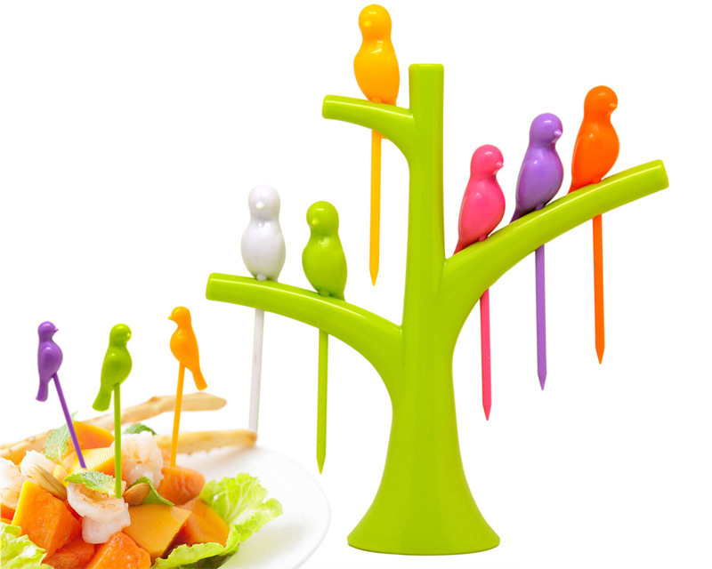 Tree Birds Design Rainbow Plastic Fruit Forks Set Tree Birds Design Rainbow Plastic Fruit Forks Set
