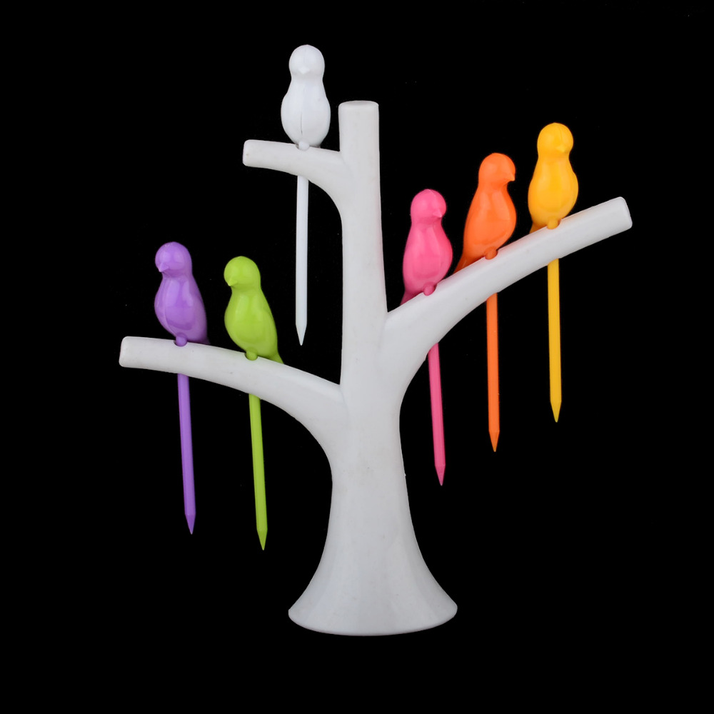 Tree Birds Design Rainbow Plastic Fruit Forks Set Tree Birds Design Rainbow Plastic Fruit Forks Set
