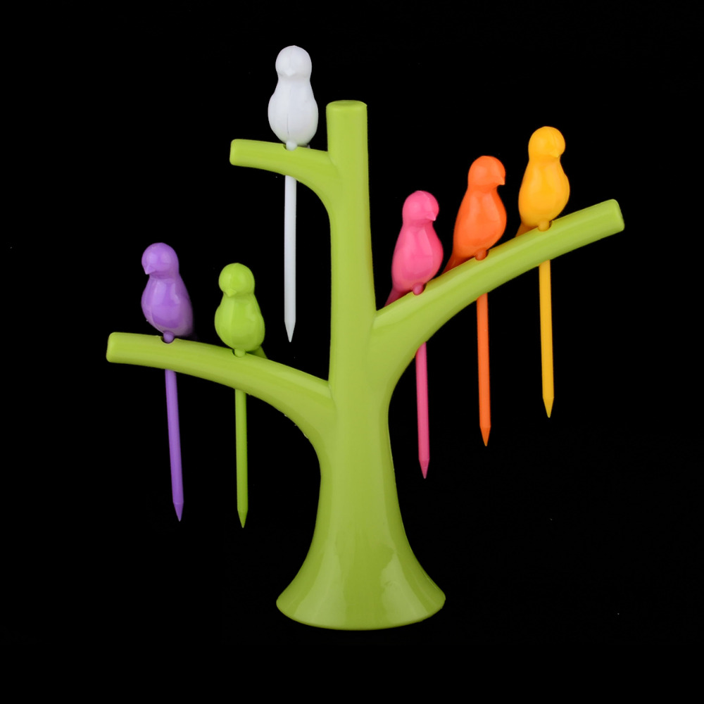 Tree Birds Design Rainbow Plastic Fruit Forks Set Tree Birds Design Rainbow Plastic Fruit Forks Set
