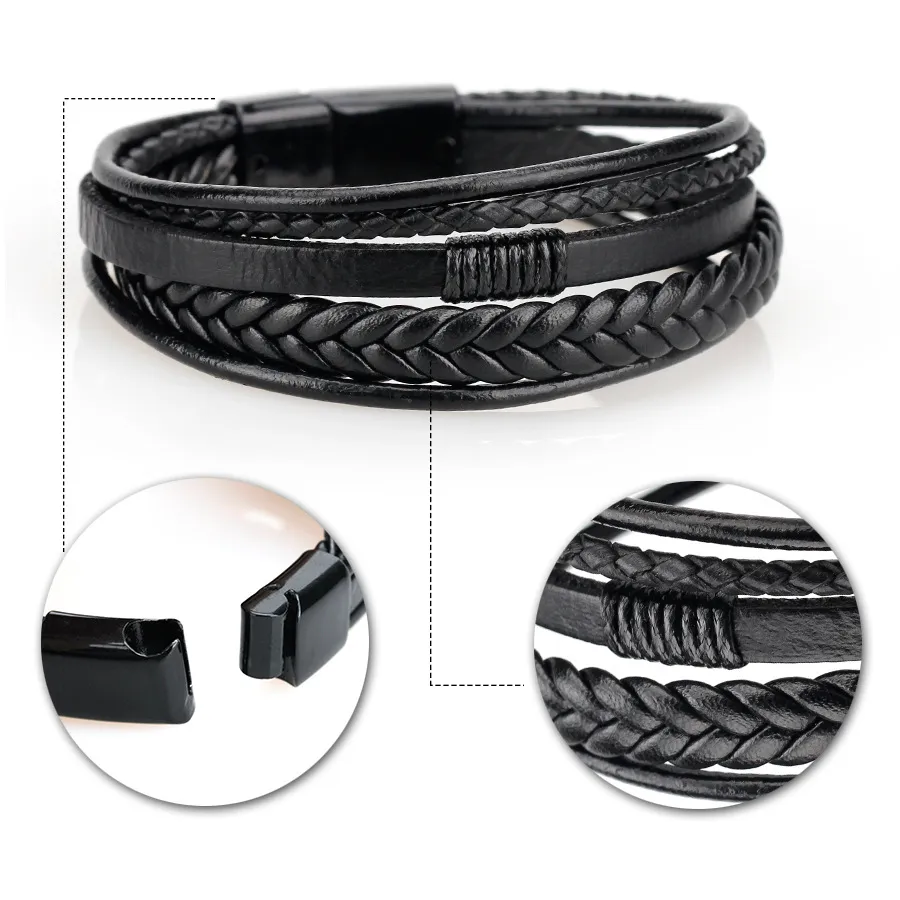 Trendy Leather Bracelets For Men Stainless Steel Bracelet Multilayer Braided Rope Bracelets for Male Jewelry Gifts