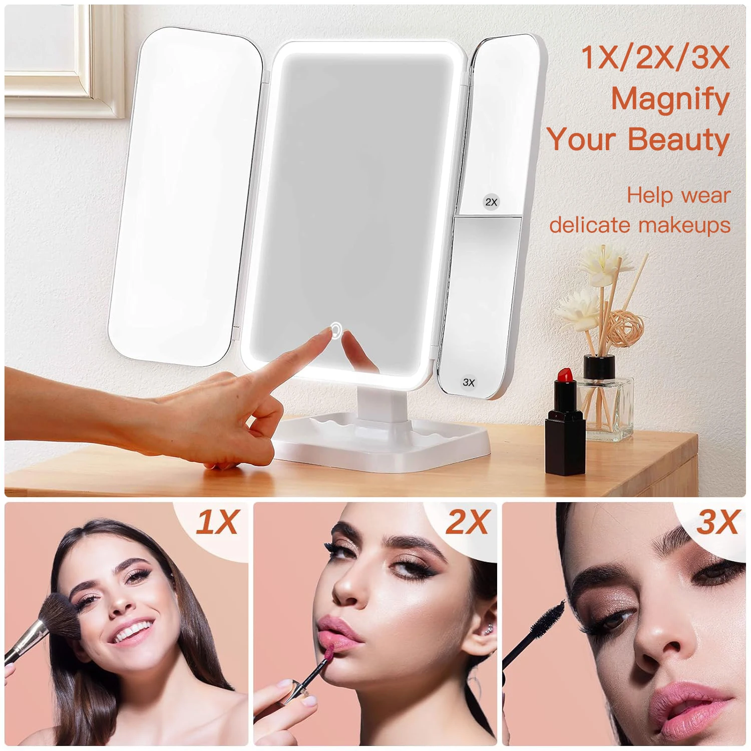 Trifold Makeup Mirror LED Lights Dorm Dressing Mirror Beauty Light up your fill light with Smart Complementary Makeup