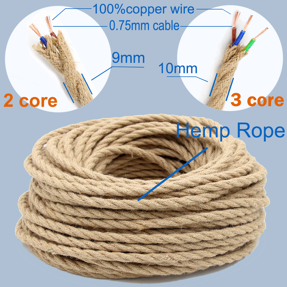 Twisted Cable Hemp Rope Electrical Wire Retro Style Copper Vintage Lamp Cord Woven Textile Wire Pendant Light Cord