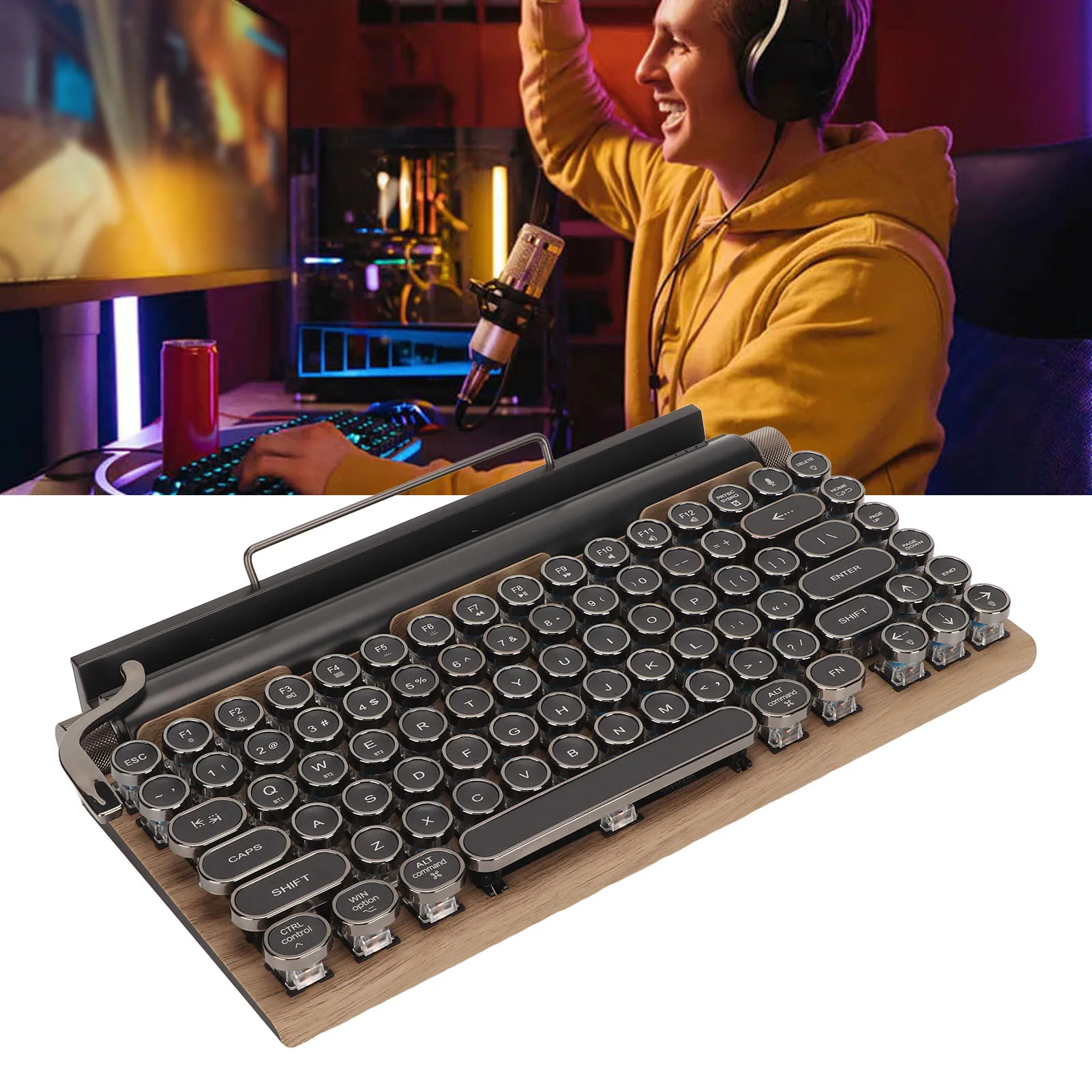 Typewriter Keyboard 83 Keys Vintage Wireless Mechanical Keyboard with Metal Round Blue Switch Mechanical Keyboard