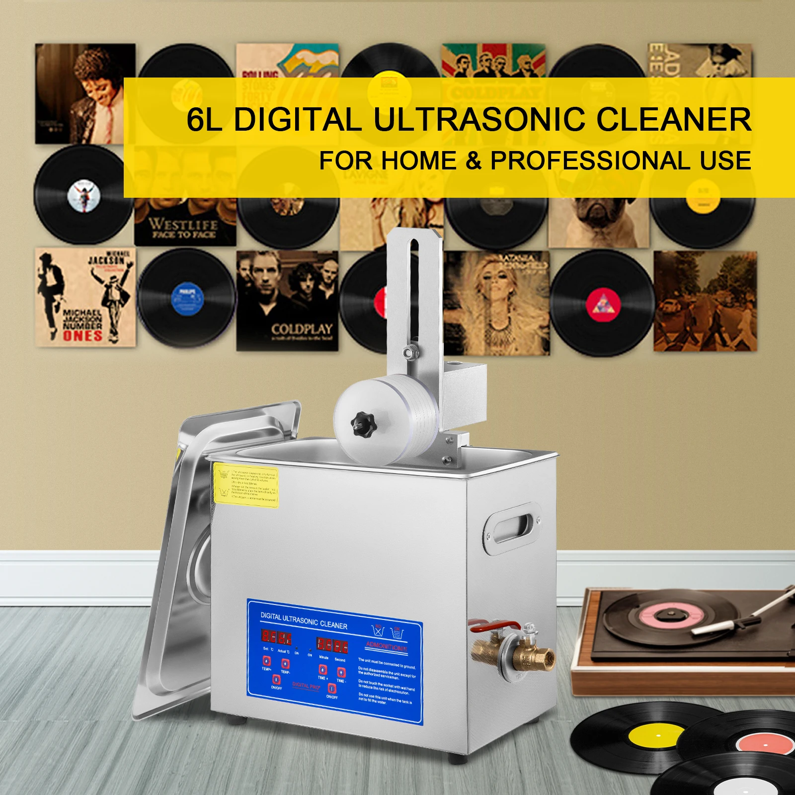 Ultrasonic Cleaner 6L Ultrasonic Vinyl Cleaner 7-12 In 8 Records Ultrasonic Vinyl Cleaning Machine 180W for Home Store
