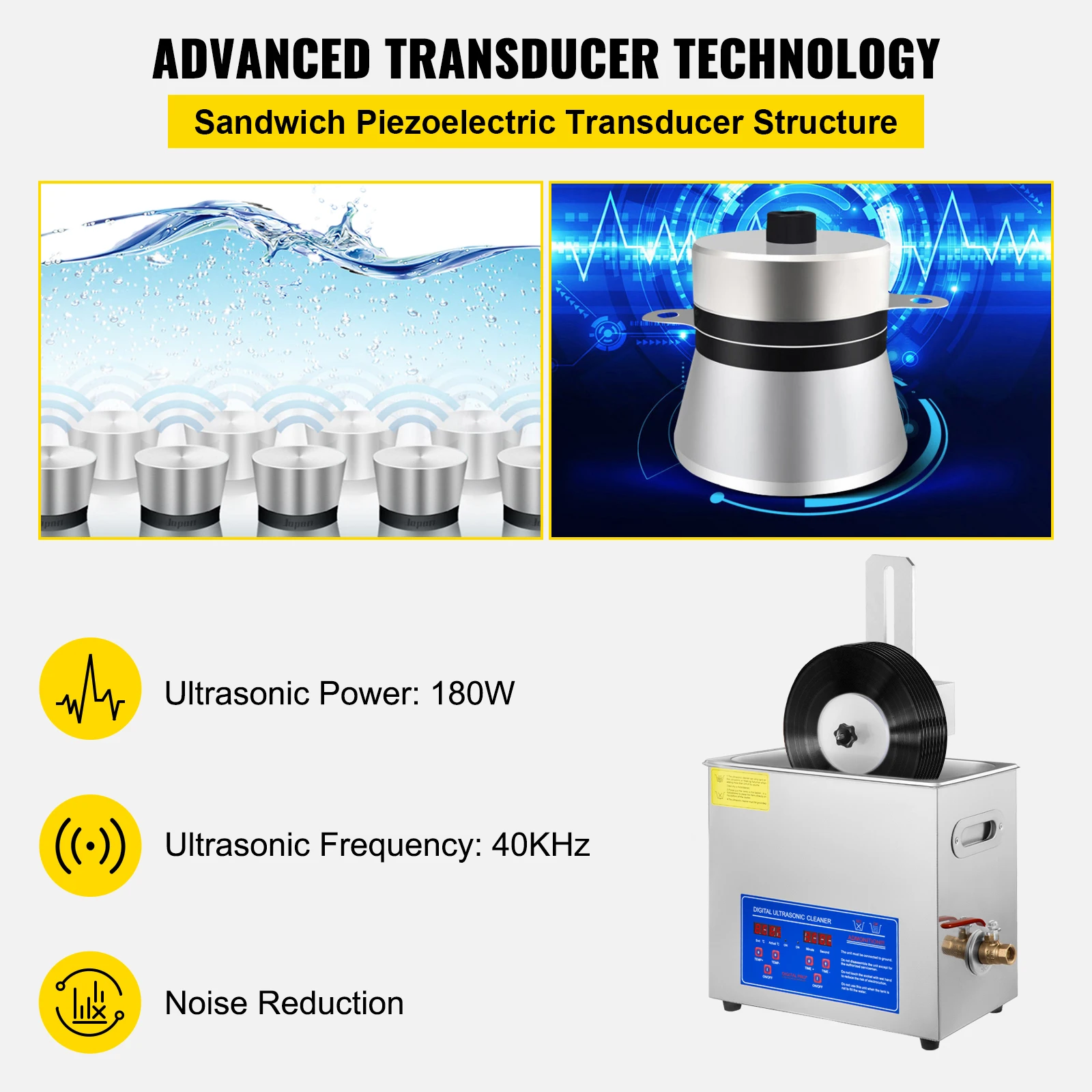 Ultrasonic Cleaner 6L Ultrasonic Vinyl Cleaner 7-12 In 8 Records Ultrasonic Vinyl Cleaning Machine 180W for Home Store