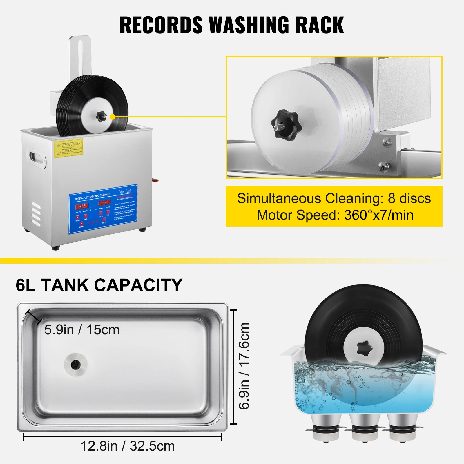 Ultrasonic Cleaner 6L Ultrasonic Vinyl Cleaner 7-12 In 8 Records Ultrasonic Vinyl Cleaning Machine 180W for Home Store