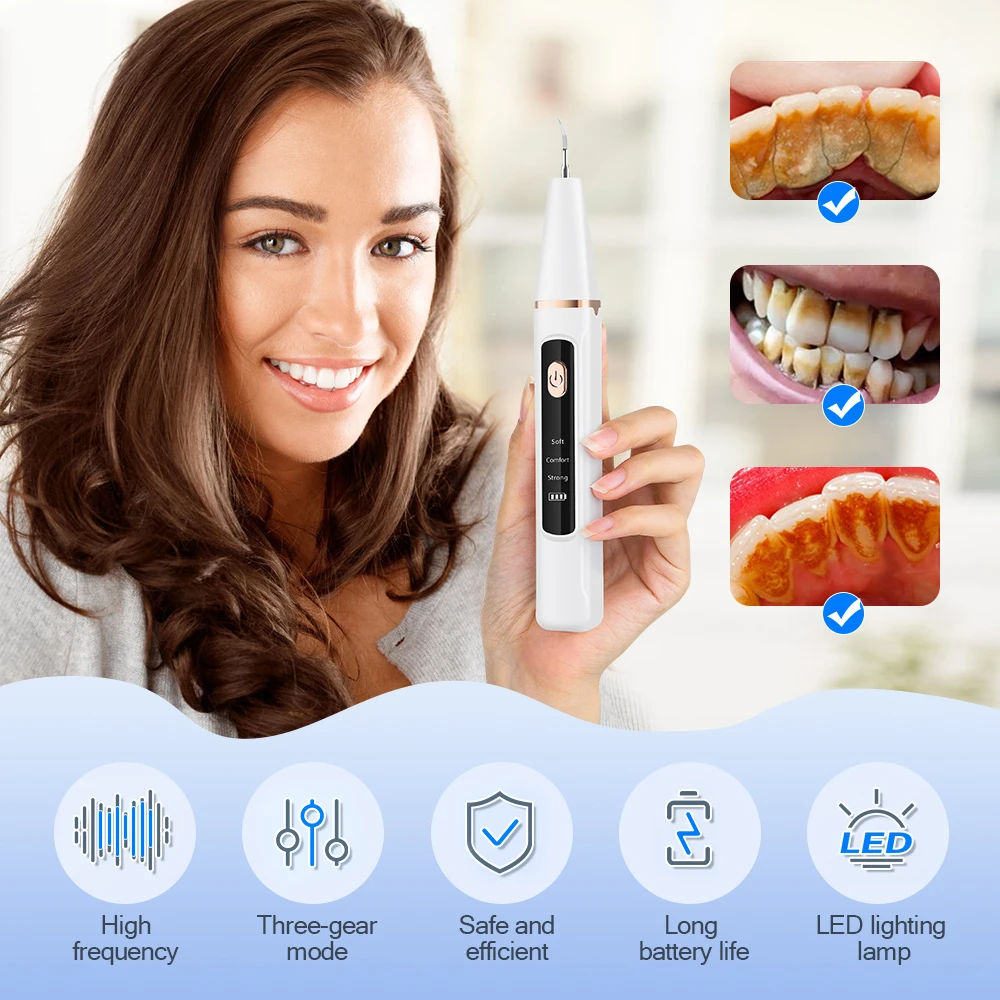 Ultrasonic Dental Scaler Oral Care Tartar Removal Calculus Remover Tooth Stain Cleaner LED Light Tooth Whitening Tools
