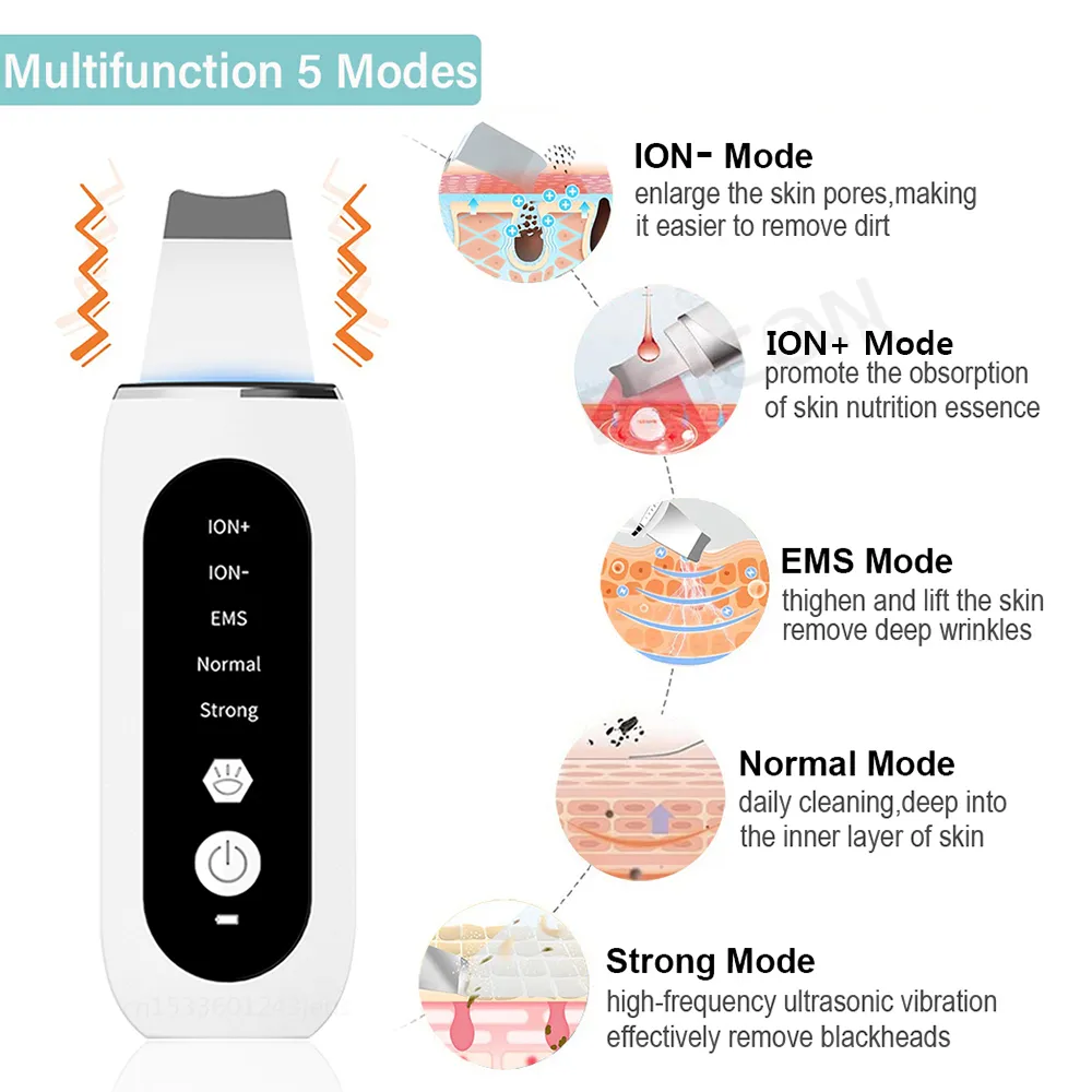 Ultrasonic Skin Scrubber Peeling Blackhead Remover Deep Face Cleaning Ultrasonic Ion Ance Pore Cleaner Facial Shovel Ultrasonic Skin Scrubber Peeling Blackhead Remover Deep Face Cleaning Ultrasonic Ion Ance Pore Cleaner Facial Shovel