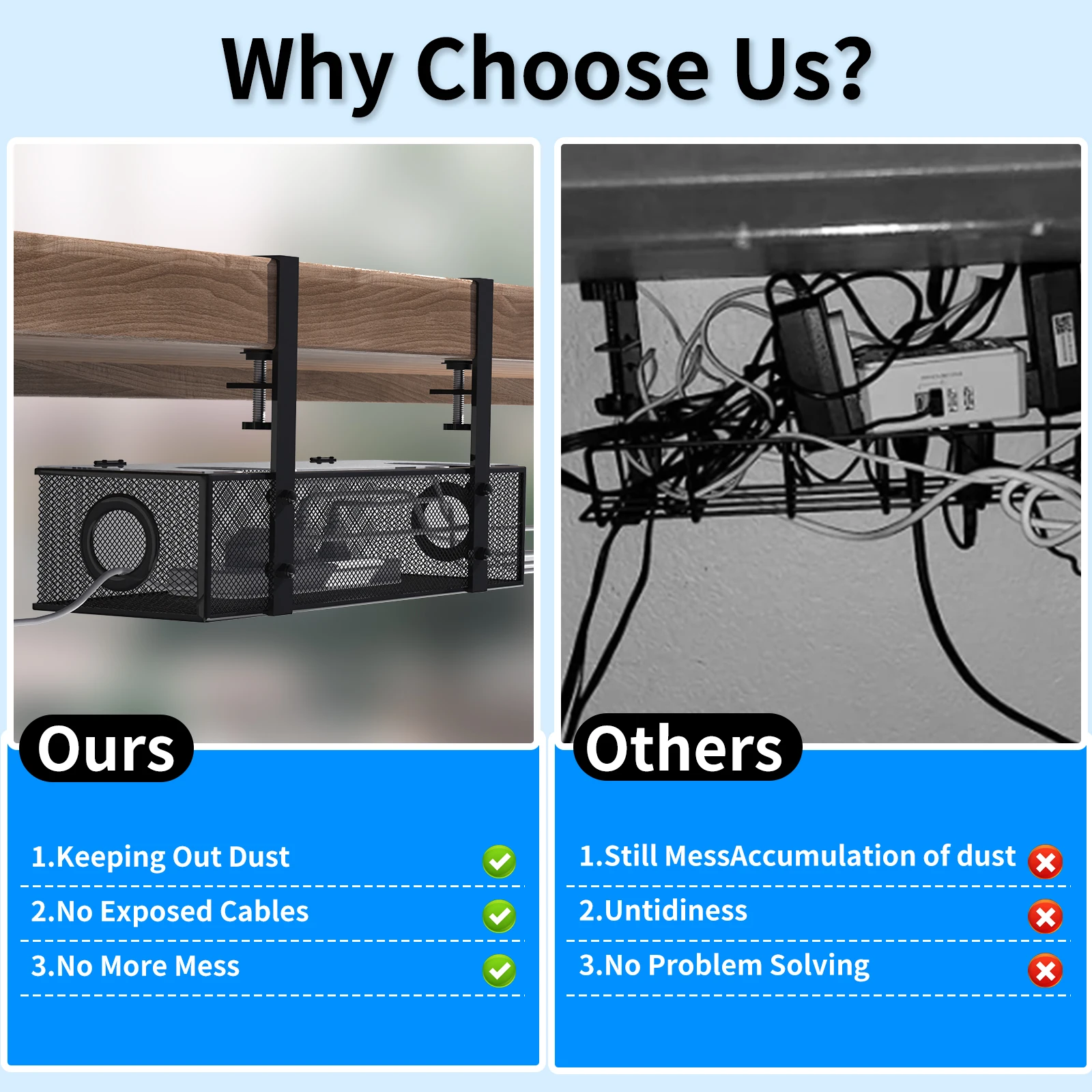 Under Desk Box Tray , 1 Pack – Wire Management & Cord Organizer, Clamp Mount