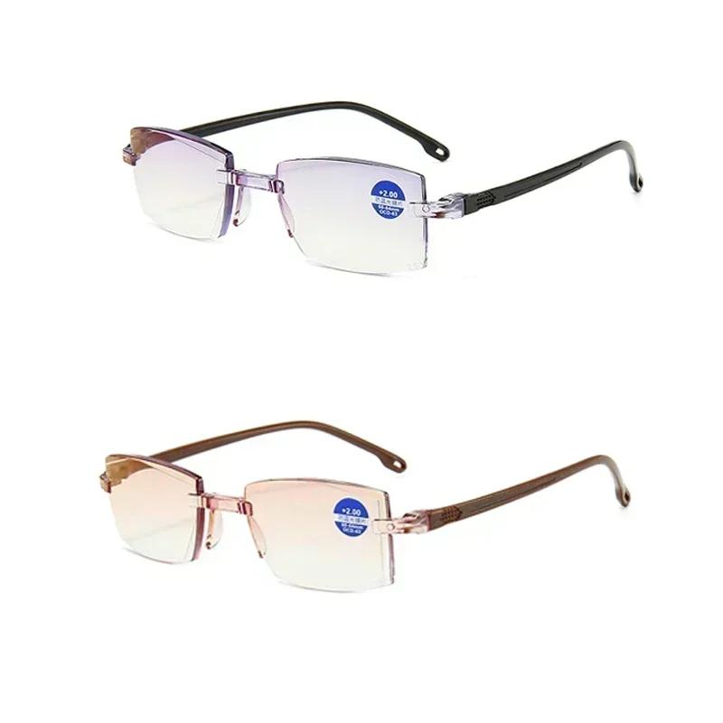 Unisex Rimless Reading Glasses Anti Blue Light Bifocal Far Near Magnification Eyewear Presbyopic Glasses +150 +200