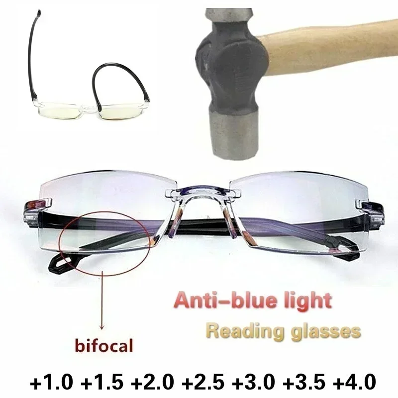 Unisex Rimless Reading Glasses Anti Blue Light Bifocal Far Near Magnification Eyewear Presbyopic Glasses +150 +200 Unisex Rimless Reading Glasses Anti Blue Light Bifocal Far Near Magnification Eyewear Presbyopic Glasses +150 +200