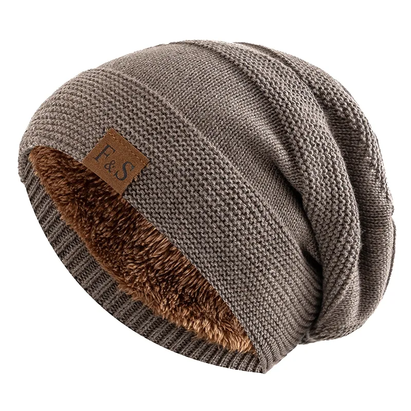 Unisex Slouchy Winter Hats Add Fur Lined Warm Beanie Cap Casual Label Decor Winter Knitted Hats