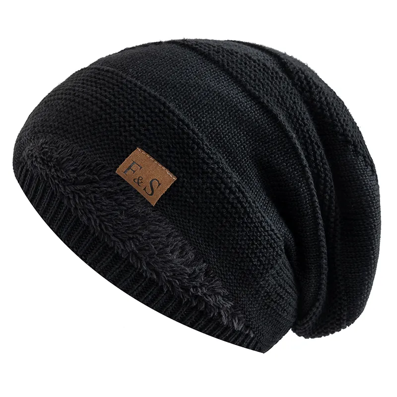 Unisex Slouchy Winter Hats Add Fur Lined Warm Beanie Cap Casual Label Decor Winter Knitted Hats Unisex Slouchy Winter Hats Add Fur Lined Warm Beanie Cap Casual Label Decor Winter Knitted Hats